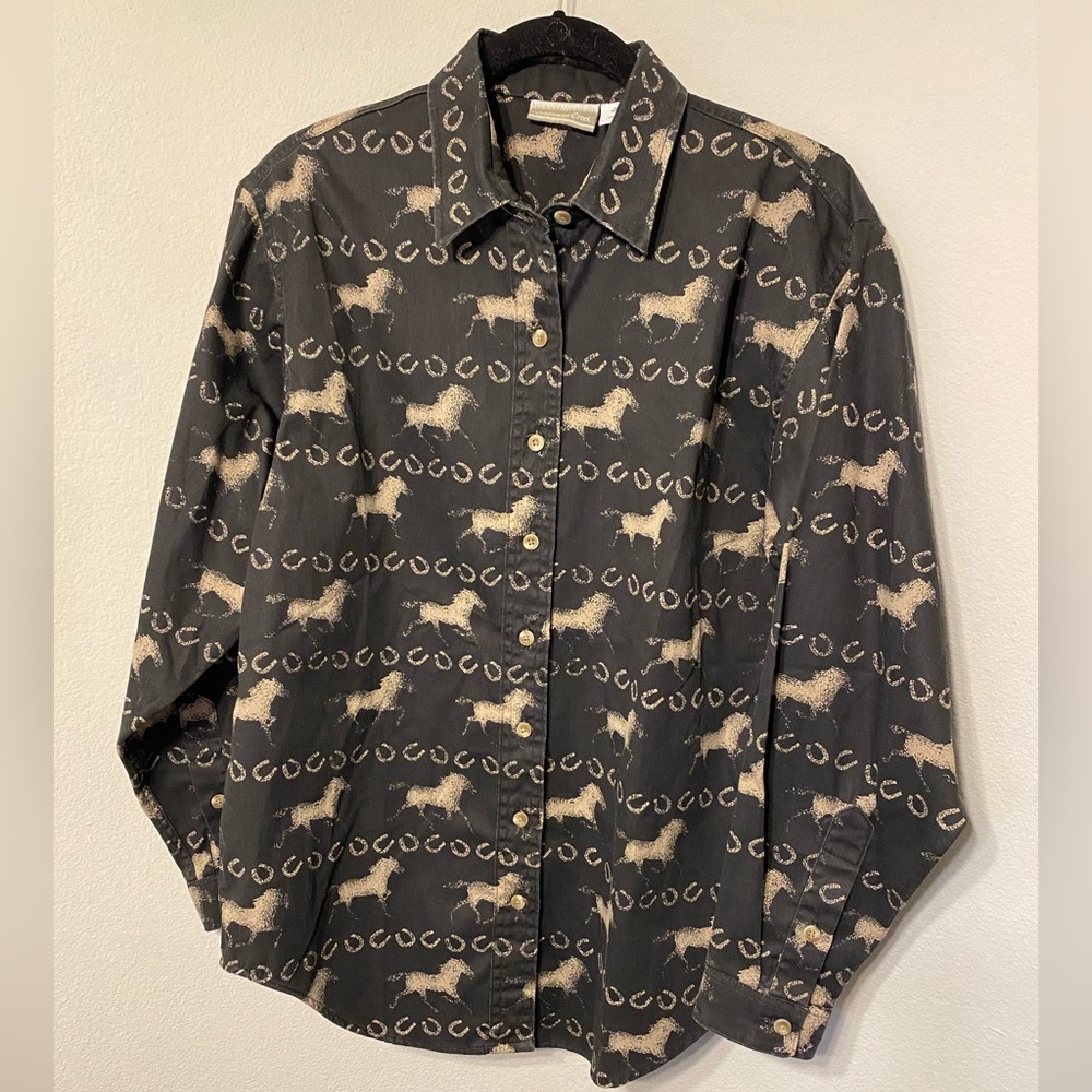 Vintage 90s Coldwater Creek Horse Horseshoe Western Novelty Print Button Down M